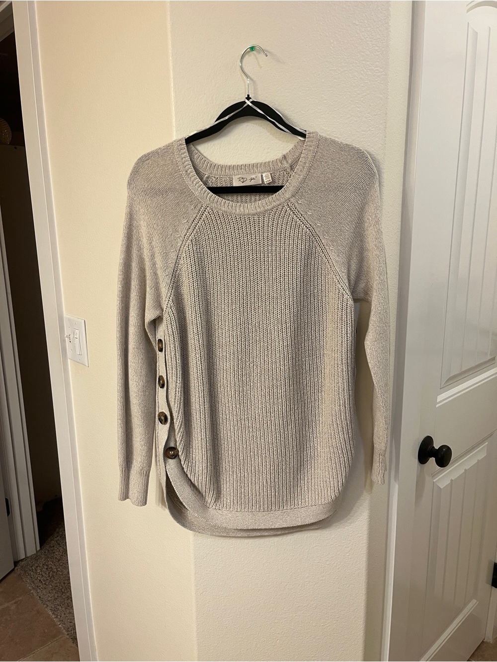 RD Style Neutral Crewneck Knit Sweater with Side Button Detail - Light Beige